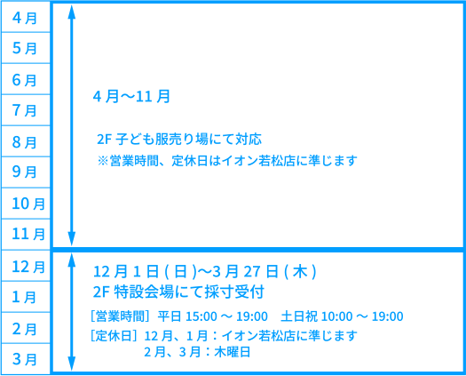 4月～11月 2F子ども服売り場にて対応　12月1日(日)～3月27日(木) 2F特設会場にて採寸受付